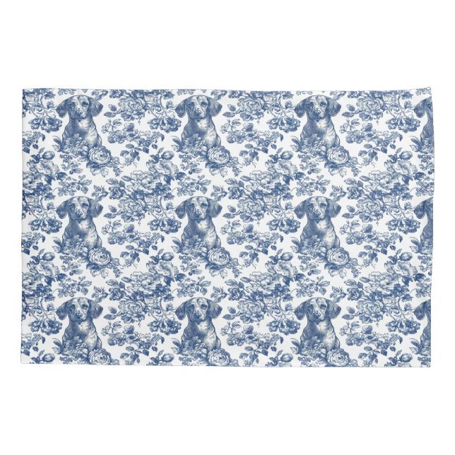 Daschund Dog Blue Toile Pattern Pillowcase (Back)