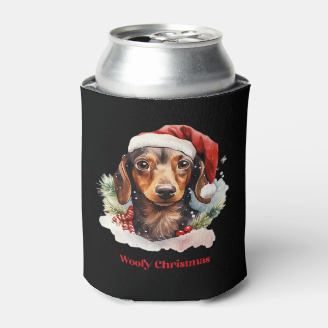 Daschund Dog Christmas Santa Hat Xmas Light Woofy  Can Cooler (Can Front)
