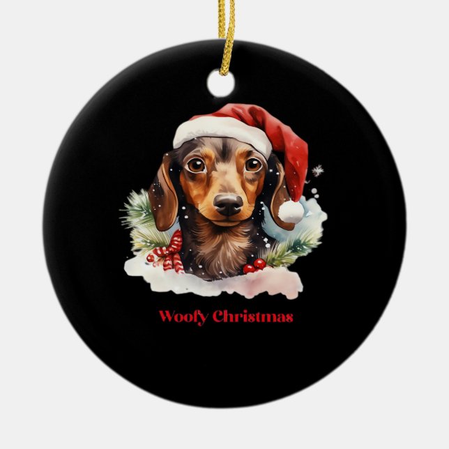Daschund Dog Christmas Santa Hat Xmas Light Woofy  Ceramic Ornament (Front)