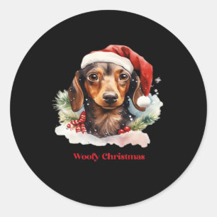 Daschund Dog Christmas Santa Hat Xmas Light Woofy  Classic Round Sticker