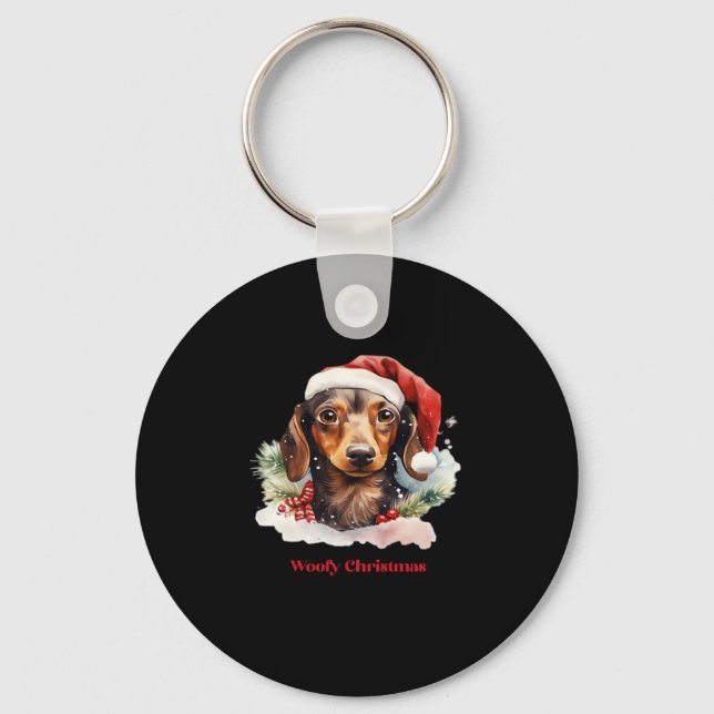 Daschund Dog Christmas Santa Hat Xmas Light Woofy  Key Ring (Front)