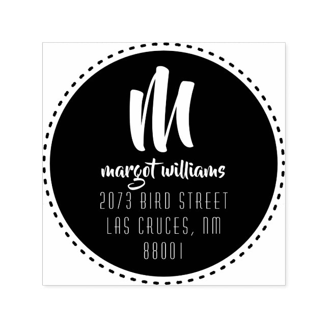 Dash Black Circle Monogram Script Custom Address Self-inking Stamp (Design)
