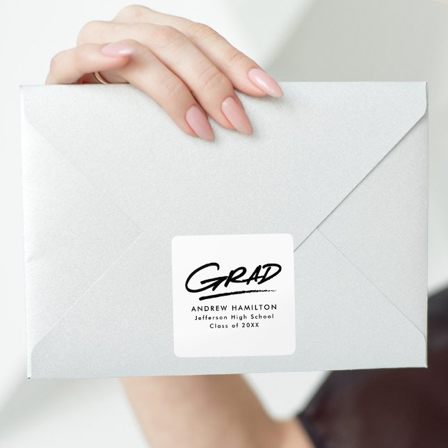Dashed Modern Grad White and Black Graduation Square Sticker (Creator Uploaded)