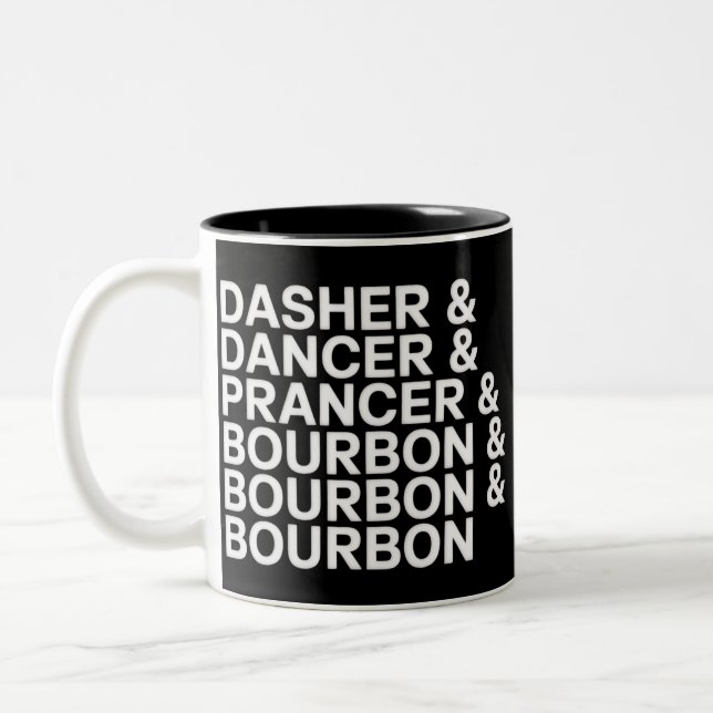 Dasher Dancer Prancer & Bourbon Christmas Holiday  Two-Tone Coffee Mug (Left)