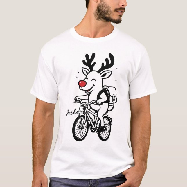 Dasher The Reindeer Riding a Bike T-Shirt (Front)