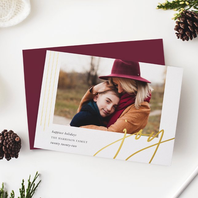 Dashing Script | Joy | Horizontal Photo Foil Holiday Card (Creator Uploaded)