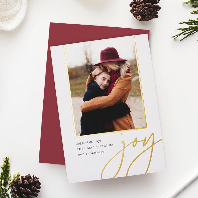 Dashing Script | Joy | Vertical Photo Foil Holiday Card (Creator Uploaded)