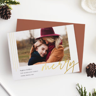 Dashing Script Merry Horizontal Photo Foil Holiday Card