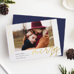 Dashing Script | Merry | Horizontal Photo Foil Holiday Card<br><div class="desc">A modern and elegant holiday card featuring a horizontal or landscape-orientated photo accented with thin vertical foil stripes. "Merry" appears beneath in casual hand lettered gold foil script typography. Personalise with your custom holiday greeting, family name, and the year. A chic and modern minimalist choice for your Christmas 2022 cards....</div>