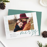 Dashing Script | Merry | Horizontal Photo Holiday Card<br><div class="desc">A modern and elegant holiday card featuring a horizontal or landscape-orientated photo accented with thin vertical stripes. "Merry" appears beneath in casual hand lettered script typography. Personalise with your custom holiday greeting,  family name,  and the year. A chic and modern minimalist choice for your Christmas 2021 cards.</div>