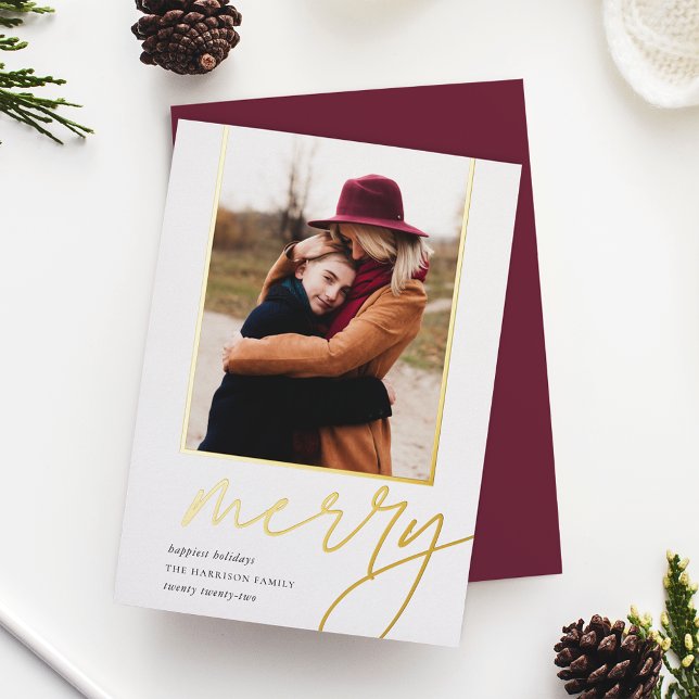 Dashing Script | Merry Vertical Photo Foil Holiday Card (Creator Uploaded)