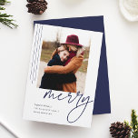 Dashing Script | Vertical Photo Holiday Card<br><div class="desc">A modern and elegant holiday card featuring a vertical or portrait-orientated photo accented with thin vertical stripes. "Merry" appears beneath in casual hand lettered script typography. Personalise with your custom holiday greeting,  family name,  and the year. A chic and modern minialist choice for your Christmas 2021 cards.</div>