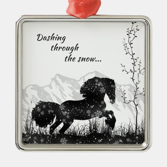 Dashing Through the Snow, Horse, Mountains Holiday Metal Ornament (Front)