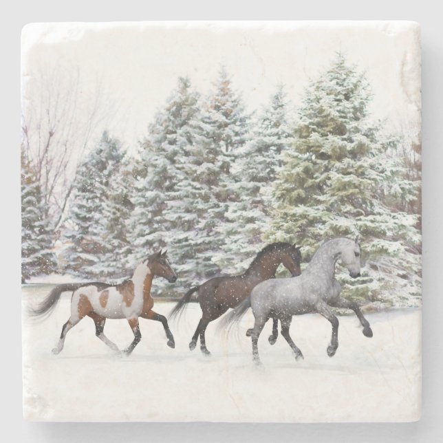 Dashing Through the Snow - Running Horses Stone Coaster (Front)