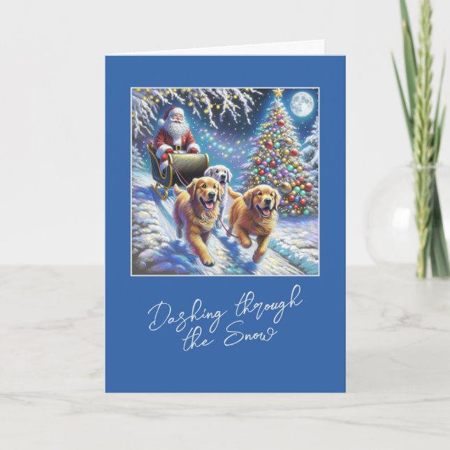 Dashing Through The Snow With 3 Golden Retrievers  Holiday Card (Front)