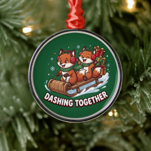 Dashing Together Fox Christmas Metal Ornament