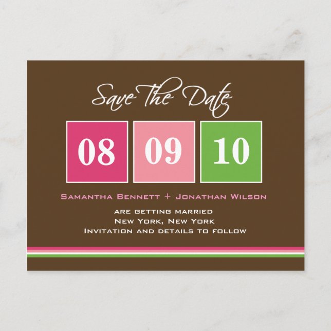 Date Blocks - Fuchsia Green Announcement Postcard (Front)