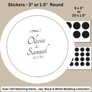 Date + Bride, Groom Names Black White Infinity Classic Round Sticker