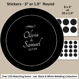 Date + Bride, Groom Names Black White Infinity Classic Round Sticker