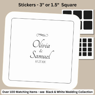 Date + Bride, Groom Names Black White Infinity Square Sticker
