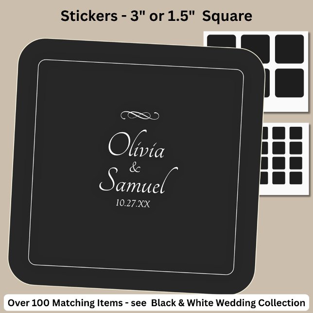 Date + Bride, Groom Names Black White Infinity  Square Sticker (Creator Uploaded)
