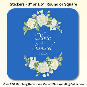 Date + Bride, Groom Names Cobalt Blue & White Rose Square Sticker