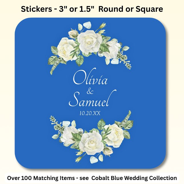 Date + Bride, Groom Names Cobalt Blue & White Rose Square Sticker (Creator Uploaded)
