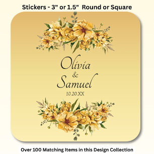 Date + Bride & Groom Names Golden Yellow Flowers Square Sticker