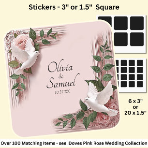 Date + Bride, Groom Names Pink Roses & Doves Square Sticker