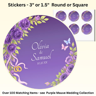 Date + Bride, Groom Names Purple Mauve Flowers Classic Round Sticker