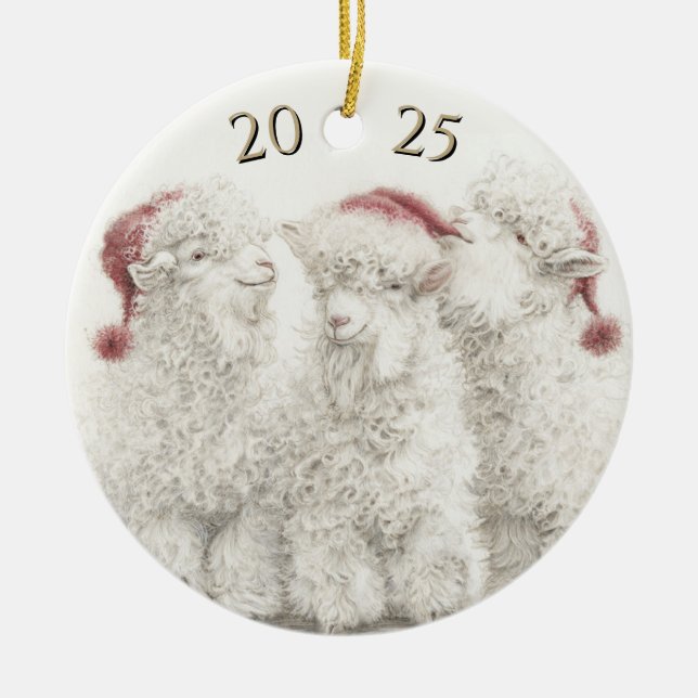 Dated Angora Goat  Trio Santa Hat Christmas Ceramic Ornament (Front)