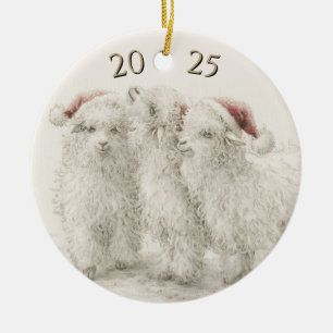 Dated Angora Goat  Trio Santa Hat Christmas Ceramic Ornament