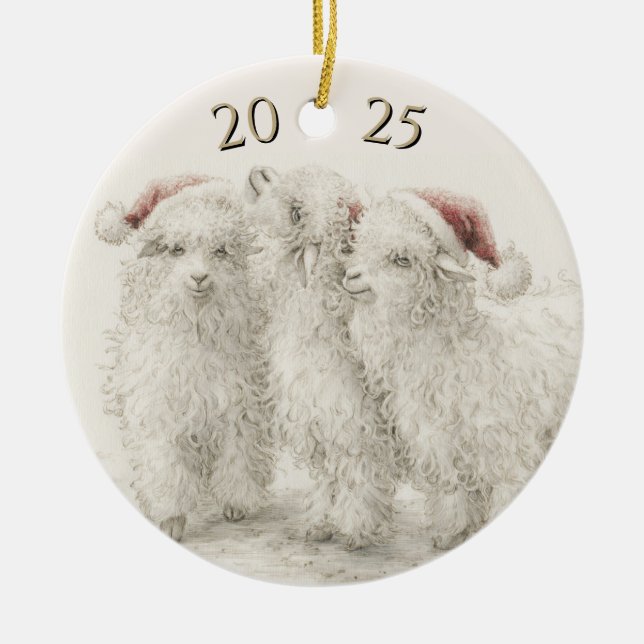 Dated Angora Goat  Trio Santa Hat Christmas Ceramic Ornament (Front)