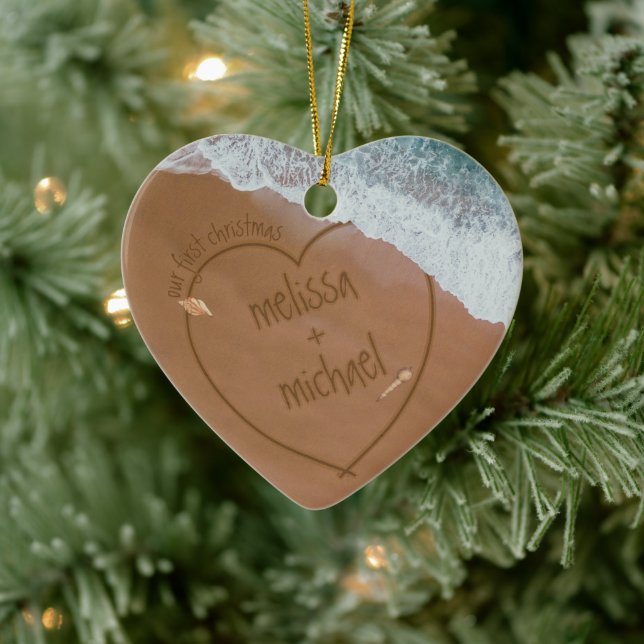 Dated Beach Our First Christmas With Names Ceramic Ornament (Tree)