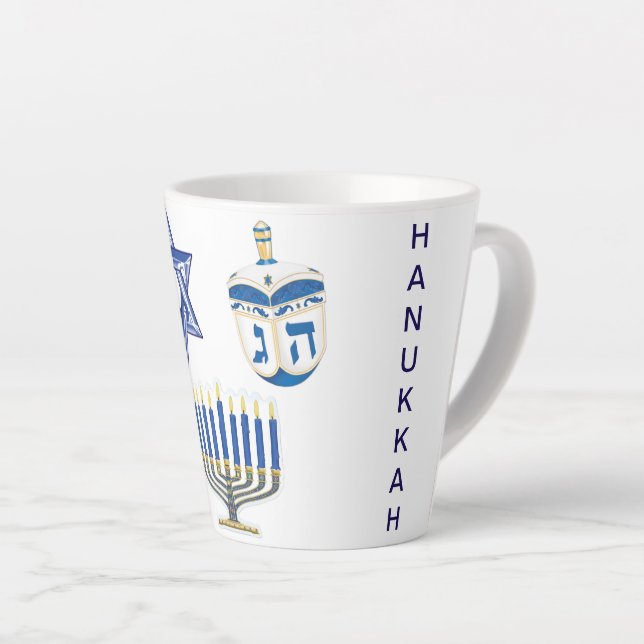 Dated Blue & White Hanukkah Small Latte Mug (Right Angle)