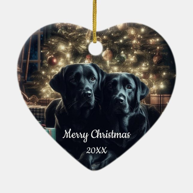 Dated Christmas Black Labrador Dog Pet Ceramic Ornament (Back)