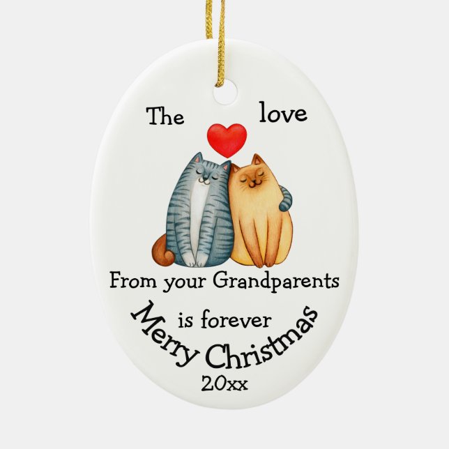  Dated Christmas Cat Love From Grandparents quote Ceramic Ornament (Back)