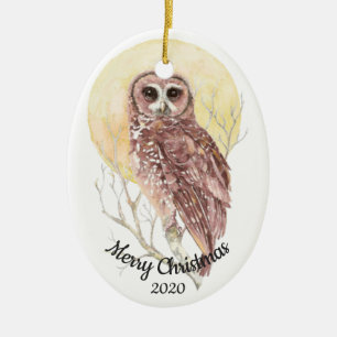 Dated Christmas Custom Watercolor Moon Owl Bird Ceramic Tree Decoration