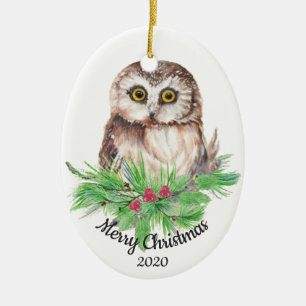 Dated Christmas Custom Watercolor Owl Bird Ceramic Tree Decoration
