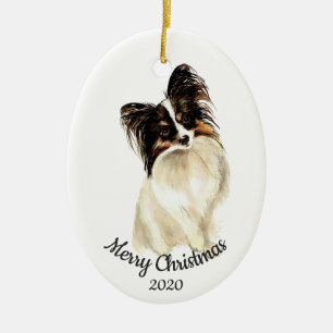 Dated Christmas Custom Watercolor Papillon Dog Ceramic Tree Decoration