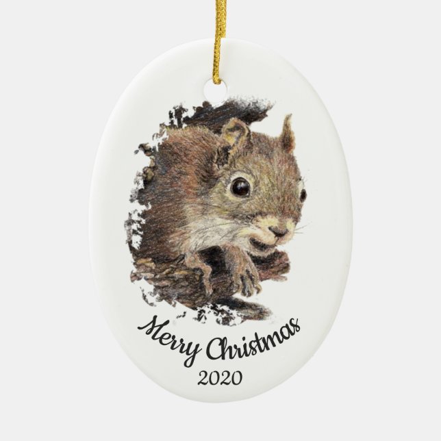 Dated Christmas Custom Watercolor Squirrel Animal Ceramic Ornament (Front)