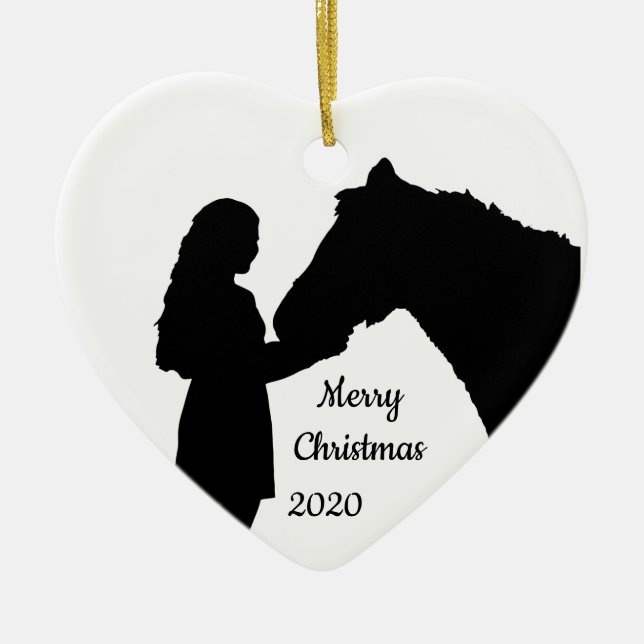 Dated Christmas Girl & Her Horse Love Silhouette Ceramic Tree Decoration (Front)