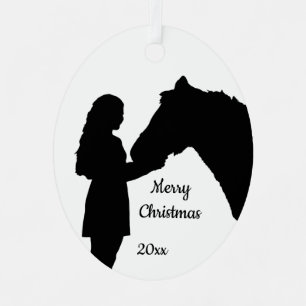 Dated Christmas Girl & Her Horse Love Silhouette  Metal Tree Decoration