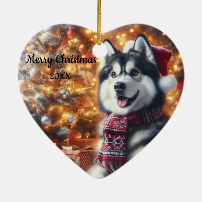 Dated Christmas Husky Dog Pet Ceramic Ornament (Back)
