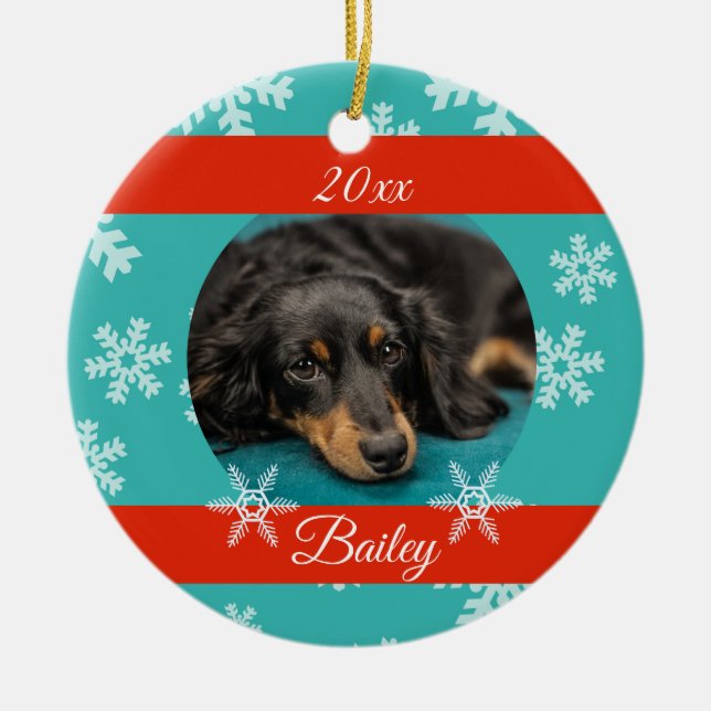Dated Christmas Pet Photo Blue Holiday Snowflake Ceramic Ornament (Front)