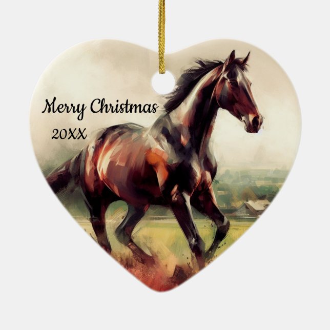 Dated Christmas Running Brown Horse Ceramic Ornament (Back)