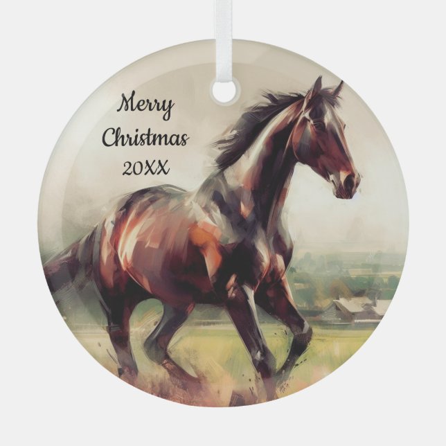 Dated Christmas Running Brown Horse Glass Tree Decoration (Front)