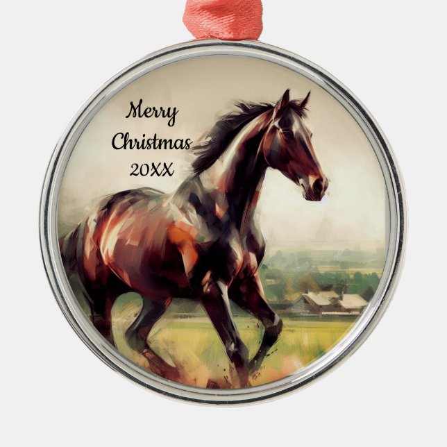 Dated Christmas Running Brown Horse Metal Ornament (Front)