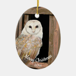 Dated Christmas Watercolor Barn Owl Bird Ceramic Ornament