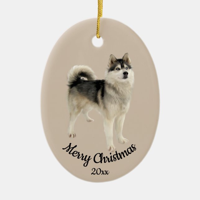 Dated Custom Photo Christmas Husky Malemute Dog Ceramic Ornament (Front)